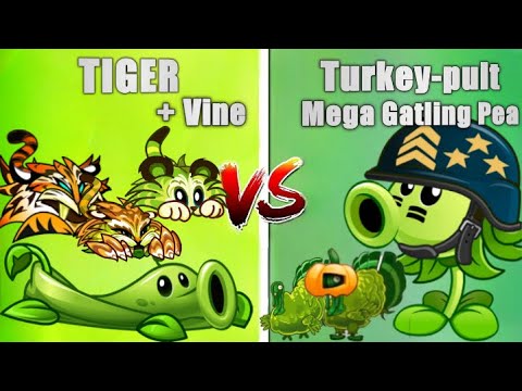 Tiger Glass and Pea Vine vs Turkey pult and Mega Gatling Pea - Who Will Win? PvZ 2 Plant Vs Plant