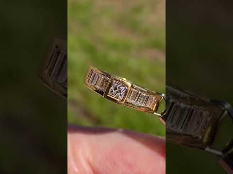 Vintage 18k 0.80 CTW Square Bezel Set French Cut and Baguette Diamond Minimalist Engagement Ring