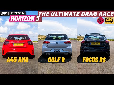 Ford Focus RS vs VW Golf R vs M-Benz A45 - Fastest Drag Cars FH5 | 4k 60fps