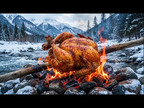 Village Style Chicken on Wooden Spit | Snowy Mountain River Cooking