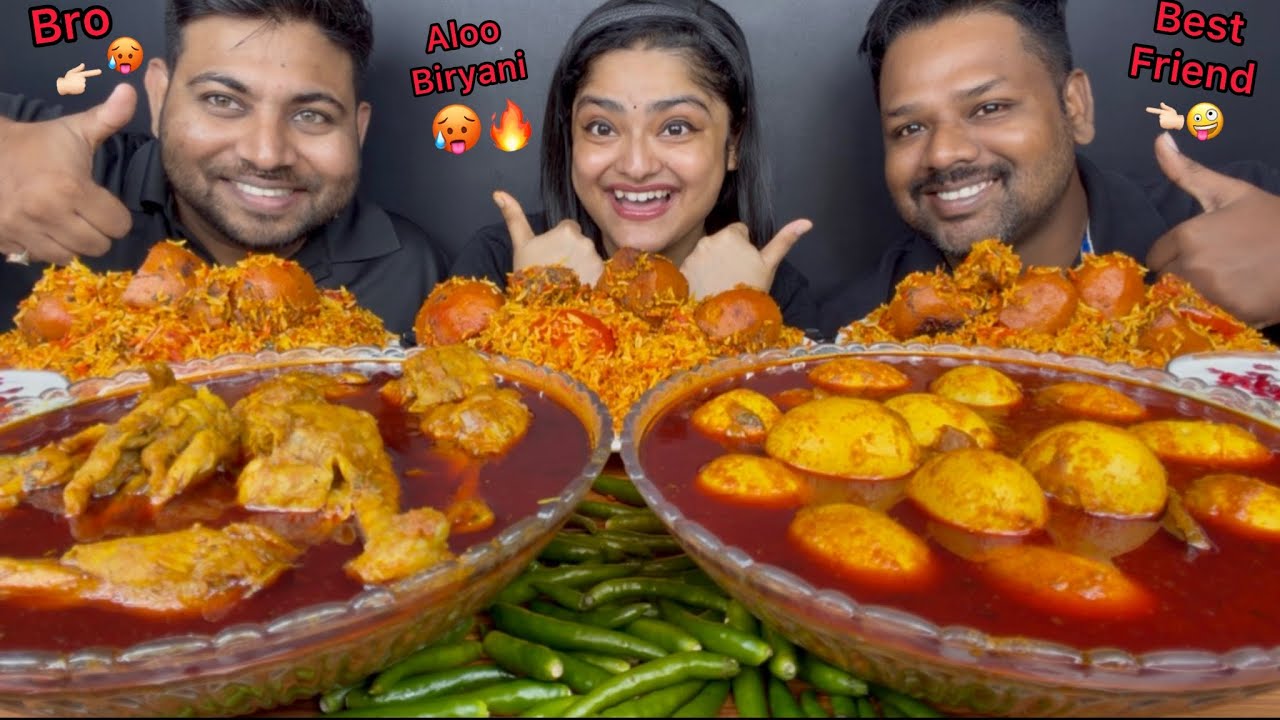 MUKBANG WITH BFF AND BRO🔥😋 SPICY ALOO BIRYANI, SPICY CHICKEN CURRY AND SPICY EGG CURRY WITH RAITA