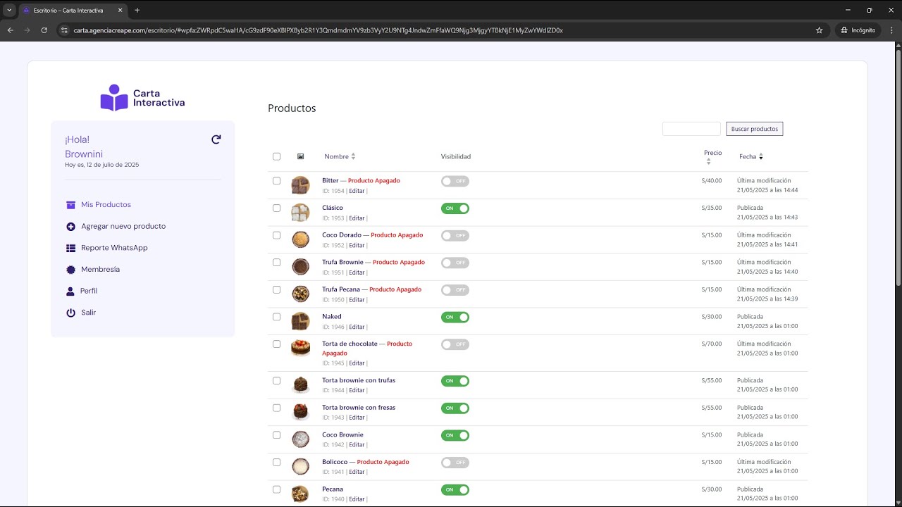 Prender, apagar, editar y eliminar productos / Carta Interactiva