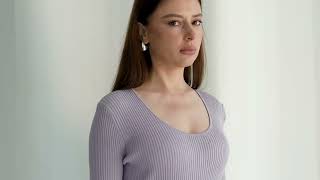 فستان تريكو بنفسجي سميك فاخر بأكمام طويلة - فيديو