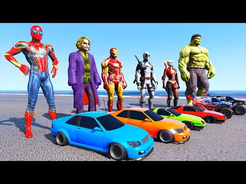 Équipe Super Héros Défi RC CARS avec Spiderman Harley Quinn Ironman Hulk Deadpool IronSpider - GTA 5