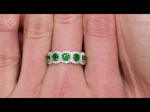 Emerald and Diamond Halo 5 Stone Asteria Ring in 18K Gold - FT87-G