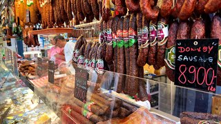 Hungarian Sausages at the Central Market Hall in Budapest, Hungary. Th