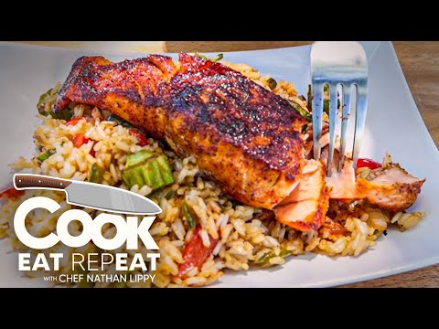 Nate Makes Honey Whisky Salmon & Cajun Rice | Cook Eat Repeat | Blackstone
