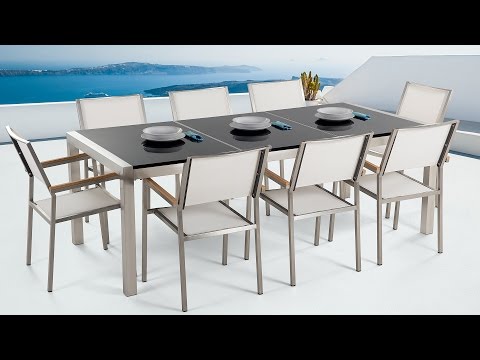 8 Seater Garden Dining Set Triple Black Granite Top White Chairs Grosseto - Black