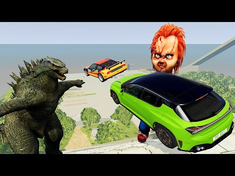 Crazy Vehicle Insane Stairs Jumps Down With Godzilla & CHUCKY - BeamNG drive Down Stairs Jumps