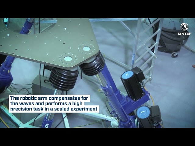 How can we perform autonomous operations on offshore fish farms? This video demonstrates motion compensation for a robotic arm mounted on a hexapod platform moving like a vessel in waves. It presents a part of a feasibility study demonstrating that marine aquaculture operations are feasible to be performed in a contact-free manner from a vessel positioned next to a fish cage. The work was funded by The Research Council of Norway through the Centre for Research-based Innovation Exposed Aquaculture Operations (SFI EXPOSED). For further information visit https://exposedaquaculture.no/.