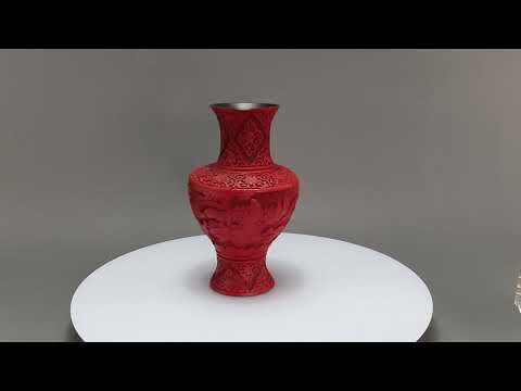 Striking Late 1800s/Early 1900s Chinese Cinnabar Red Lacquer Carved Scenic Vase 23382