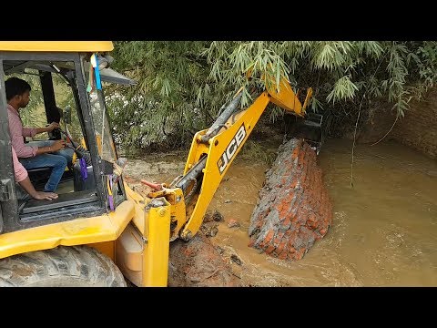 JCB Breaking and Pulling Bridge Wall - JCB Working For New Bridge Construction - JCB Video 3