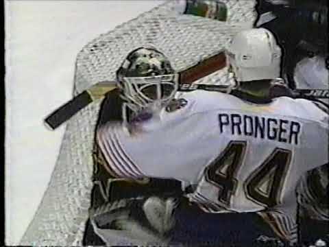 Chris Pronger roughes up goalie Andy Moog