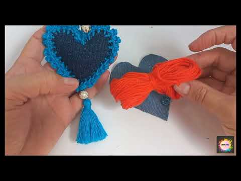 PASSO A PASSO  CHAVEIRO  CORAÇÃO  DE JEANS  VELHO E CROCHÊ