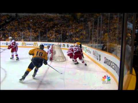 Paul Gaustad goal. Detroit Red Wings vs Nashville Predators 4/11/12 NHL Hockey