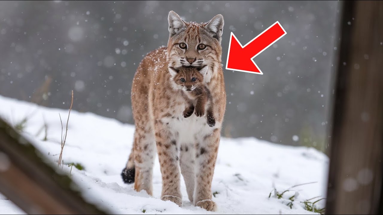 Bobcat Freezes with Her Almost Dead Cub. The Man Opens the Door, and This Happens