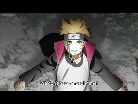 Boruto saves team 7 from kawaki's chakra blast.