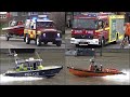Rescue Boats Responding With Siren And Lights Fire Trucks Police Cars And Ambulances