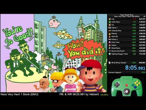 Super Smash Bros. Ness, Very Hard 1 Stock No Continues - 08:05.980 (EMU) [ex-WR]
