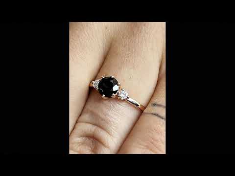 Round Cut Black Diamond Three Stone Ring, 14K Rose Gold, Black Diamond Solitaire Ring