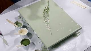 (846) Amazing Green and Pewter Feather Dutch Pour Painting