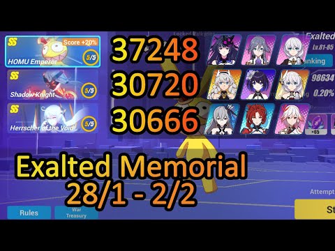 Homu King 37248 (v3.6, +20%), SK 30720, HotV 30666 | Exalted Memorial Arena Honkai Impact 3