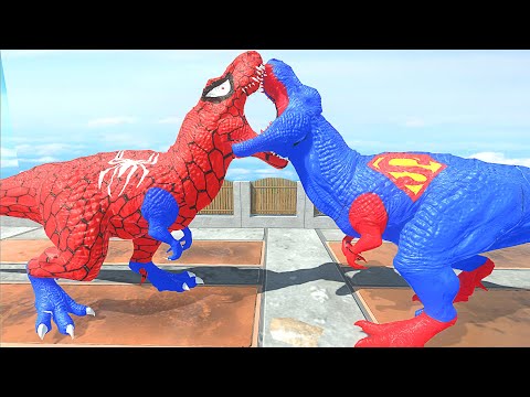 SUPERMAN T-REX ATTACK SPIDERMAN TREX DEATH RUN - Animal Revolt Battle Simulator ARBS