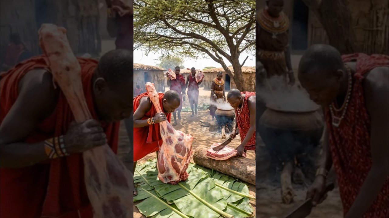 Giant Meat Falls Before Our Eyes – Super Busy Maasai Camp” 😈 #wildfood #imanitribe