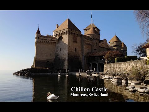 4K bird's view of Chillon Castle in Montreux, Switzerland