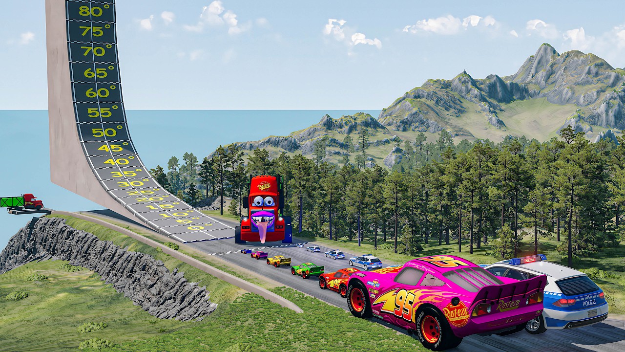 Big & Small McQueen & Police Car vs Zombie Mack, Giant steep slope  Downhill Race – BeamNG.drive