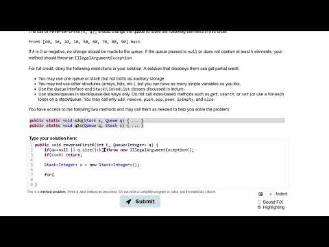 Java Practice It | Exercise 14.14: reverseFirstK | Collections, #stacks and #queues , stacks, queues