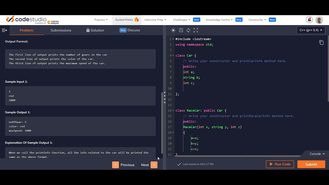 OOPS C++ CodeStudio Car Class Coding Ninjas