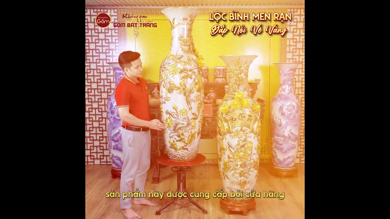 Lộc Bình 1M4 Men Rạn Họa Tiết Phúc Lộc Thọ Đắp Nổi Vẽ Vàng