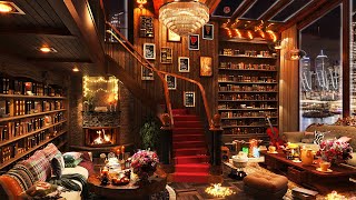 Smooth New Year Jazz Music with 4K Cozy Bookstore Cafe Ambience & Warm Crackling Fireplace for Relax