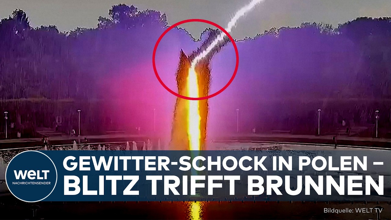 BLITZEINSCHLAG: Gewaltiger Blitz trifft Brunnen in Polen – Kinder spielen nur wenige Meter entfernt