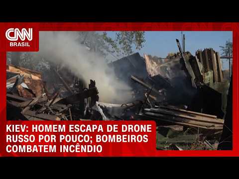 Homem escapa de ataque de drone russo perto de Kiev; bombeiros combatem incêndio em estação náutica