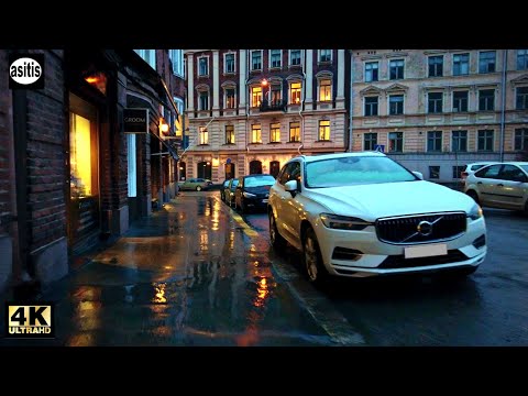 Walking in the Rain / Sleet at Dusk in Helsinki Finland - Ullanlinna to City Center ( 4 April 2022 )