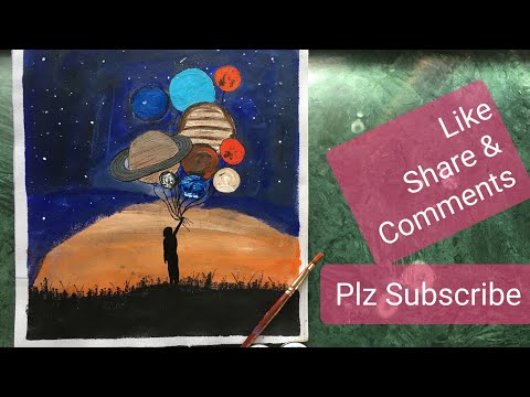 Easy landscape girl flies Planets balloons painting #blue sky with planets balloon # Acrylic color