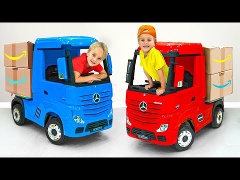 Chris rides on toy truck and plays delivery service