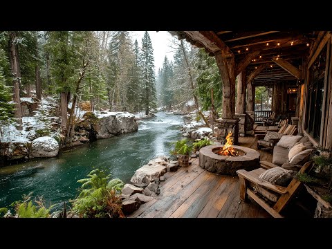 Winter Forest Retreat by the River Porch| Campfire & Nature Sounds Ambience
