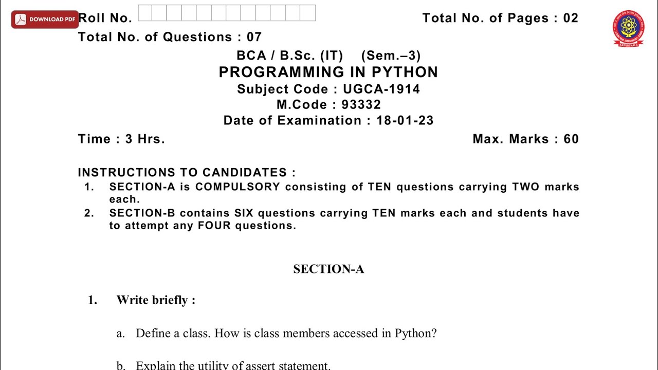 BCA BSC 3RD SEM IT PROGRAMMING IN PYTHON JAN 2023 | PTU