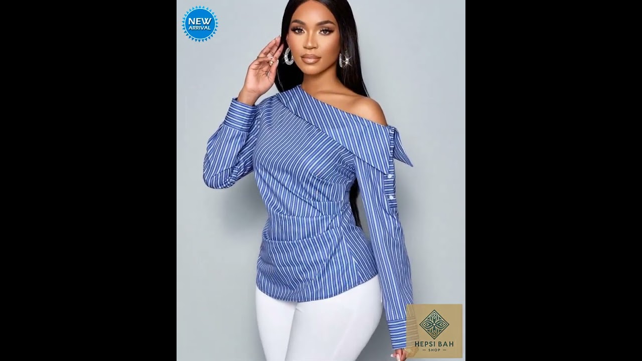 SOLERSUN Women's Casual Blue Blouse With Long Sleeve, Asymmetrical Neck, Pleated Details, Turndow…