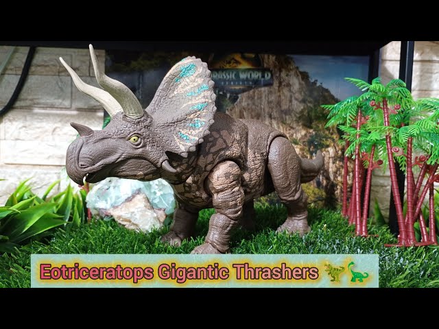 Vídeo relacionado con Mattel Jurassic World: El Renacer, Grandes embestidas, Eotricerátops Figura de dinosaurio de juguete de especie grande, con 2 embestidas activadas con la cola, juego digital, JGB93