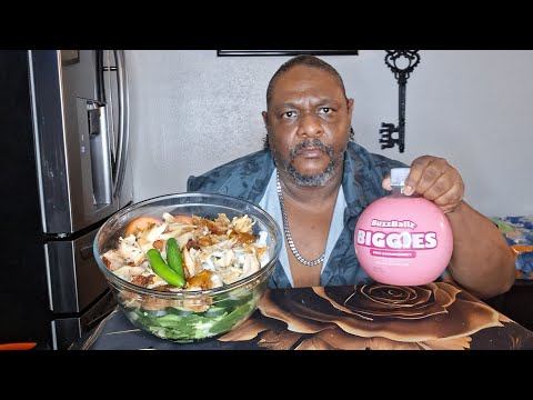 A BIG AZZ BOWL OF CHICKEN SALAD. WITH A PINK LEMONADE BUZZ BALL. 3 BIRDS FLEW INTO MY CAR. WTF