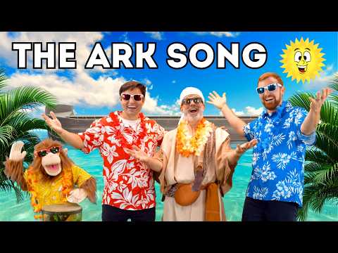 Four people (including a costumed monkey) in Hawaiian shirts strike poses by turquoise water, with 'THE ARK SONG' title overhead at a sunny beach.
