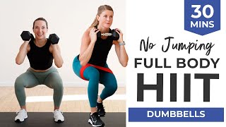 LIVE 30-Minute No Jumping HIIT (Full Body Workout with Dumbbells + Bands)