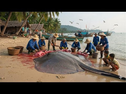 Butchering a Giant Stingray Right on the Beach   Just One Stingray is Enough for a Whole Family to E