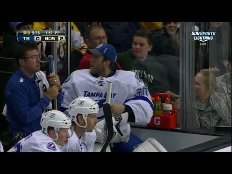 Ben Bishop makes glove save on bench
