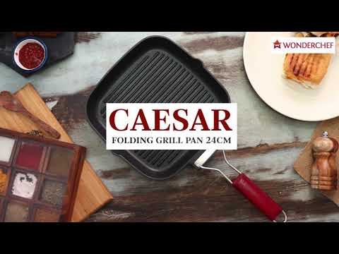 Caesar Nonstick Folding  Grill Pan | Ideal for Barbeque, Tandoori & Sandwiches | Smart Folding Handle | Space Saver | Gas & Induction Friendly | PFOA Free | 2.3L | 5 Year Warranty | Black