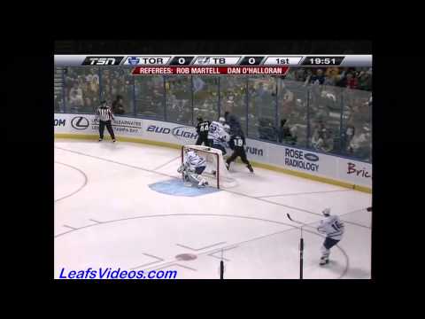 Maple Leafs @ Lightning - Dion Phaneuf Hits Tyrell Into Leafs Bench - 110125